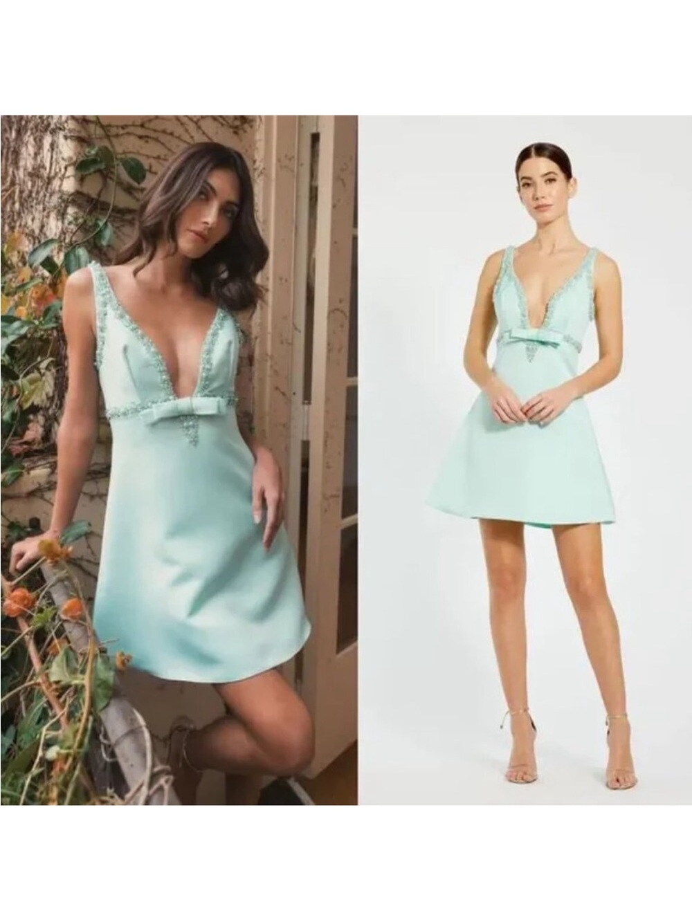 Mac Duggal 2228 Size 8 Mint Green Pastel Beaded Plunge V-Neck A-Line Mini Dress